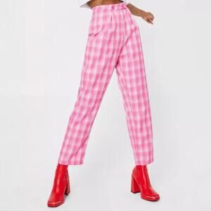 Nasty Gal Pink White Plaid High Waisted Wide Leg Pants Women's Size 6